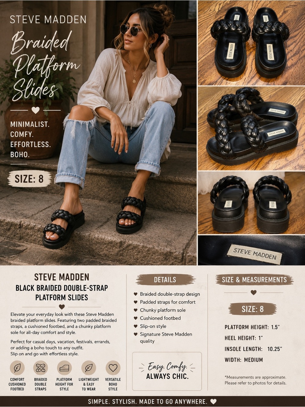 Steve Madden Braided Double Strap Platform Slides Black Size 8- Minimalist Boho